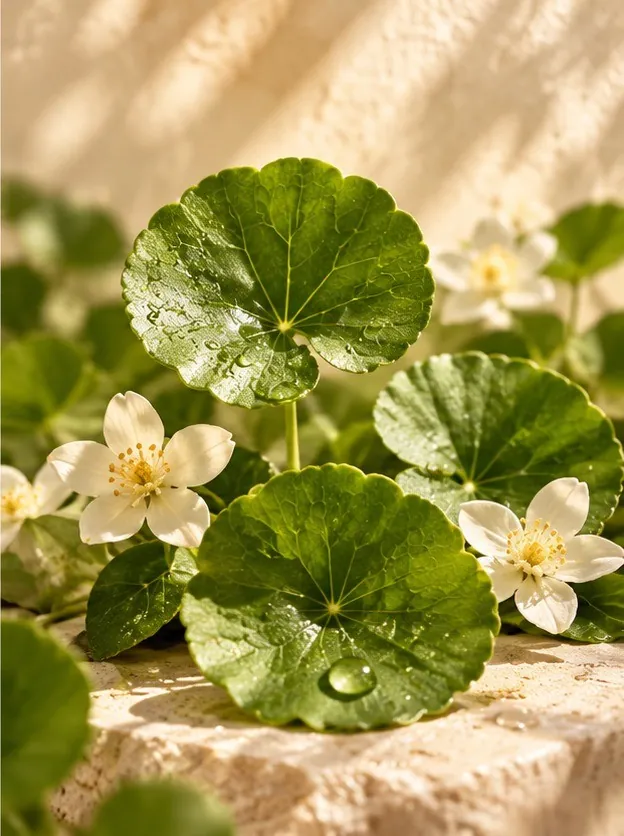 Centella asiatica leaves and white flowers