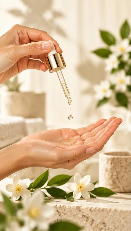 Applying serum drops to the palm of a hand