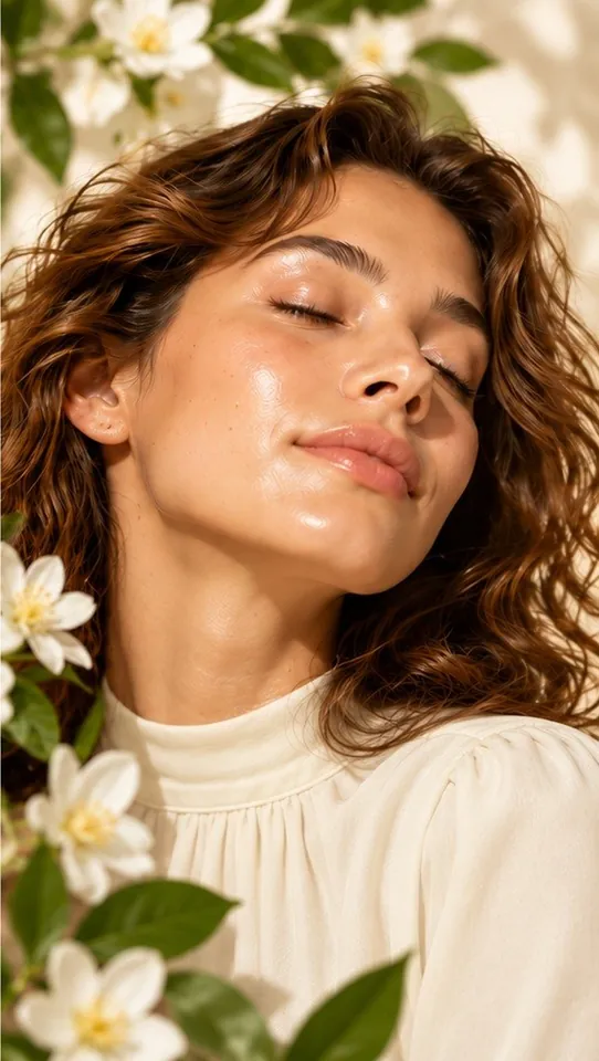 Woman with hydrated glowing skin after applying serum