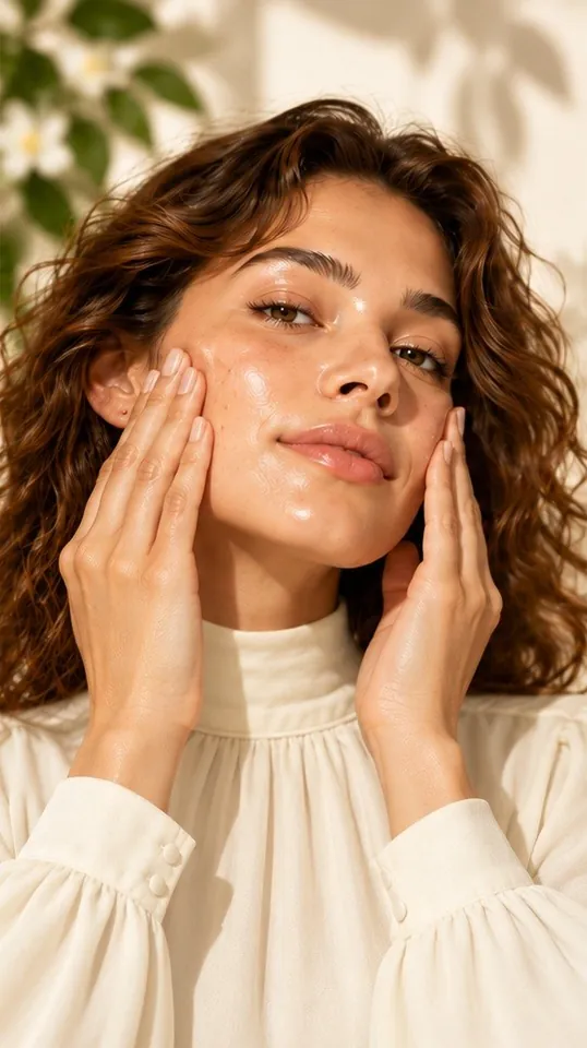 Woman gently massaging serum into her face
