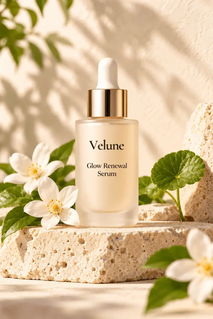 Velune Glow Renewal Serum bottle with botanicals