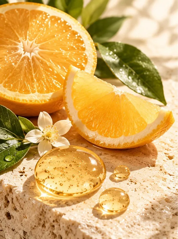 Fresh citrus and vitamin C serum droplets