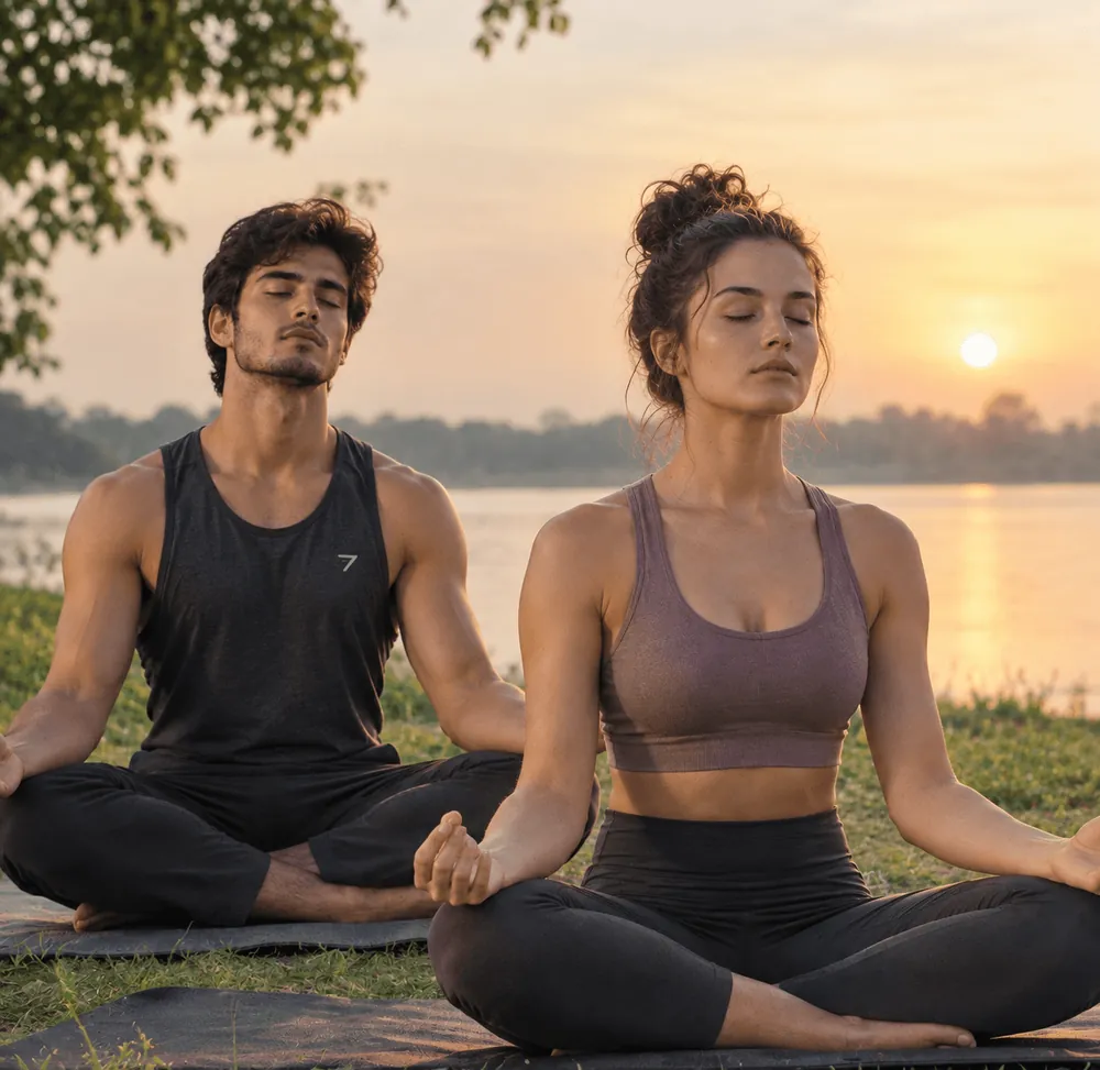 Two people meditating by a lake at sunset