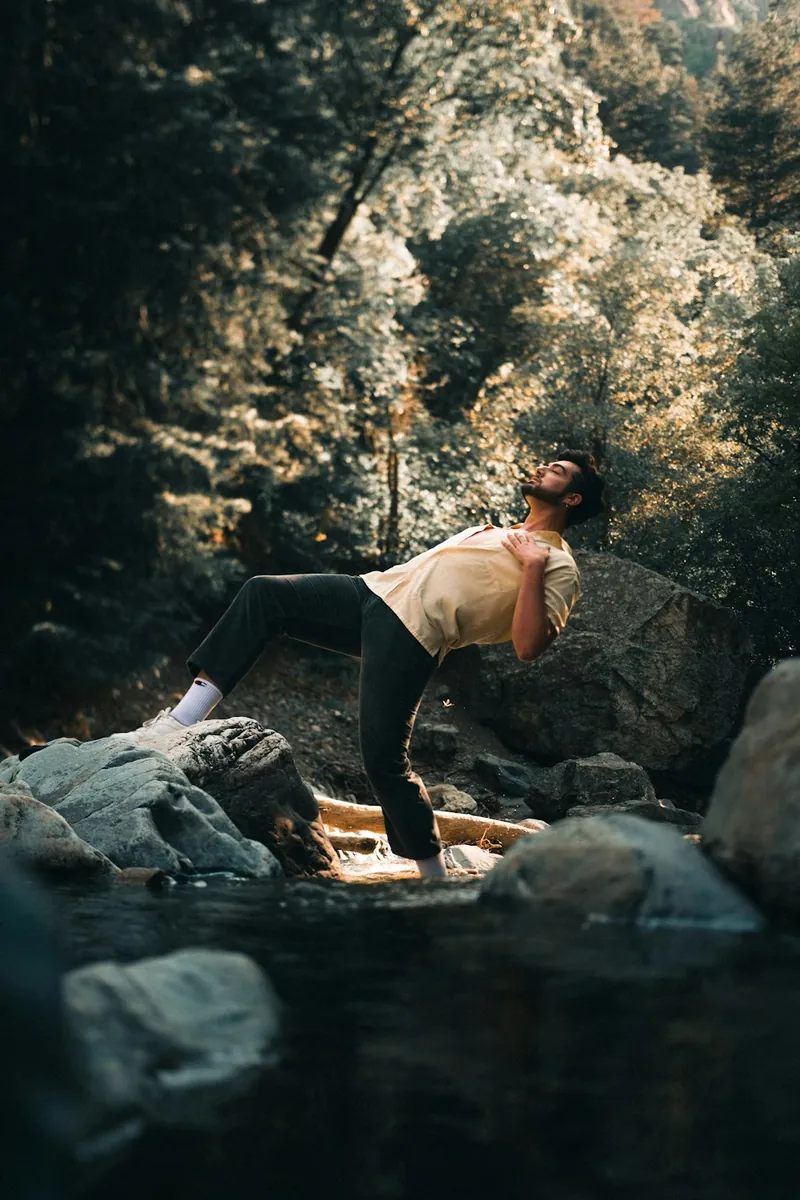 A man sitting on a rock in the forest