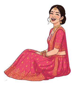 Illustration of Dipika seated in a pink lehenga