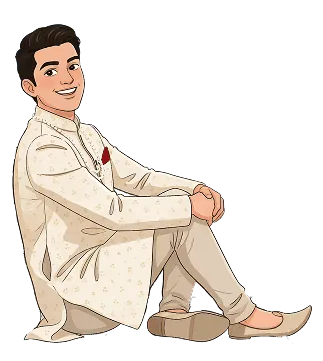 Illustration of Yash seated in a cream sherwani