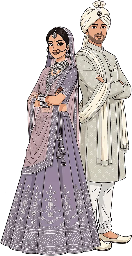 Illustration of the bride and groom standing back to back in traditional wedding dress