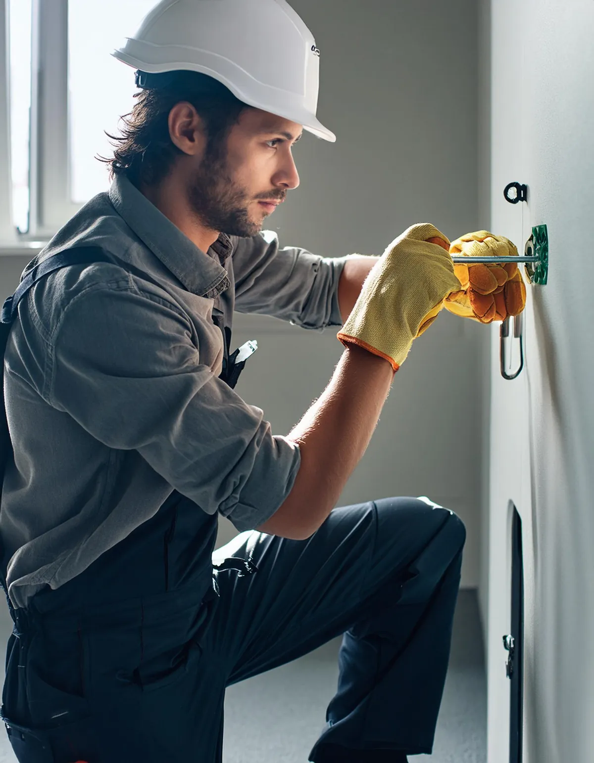 An electrician in a white hard hat fitting a wall socket