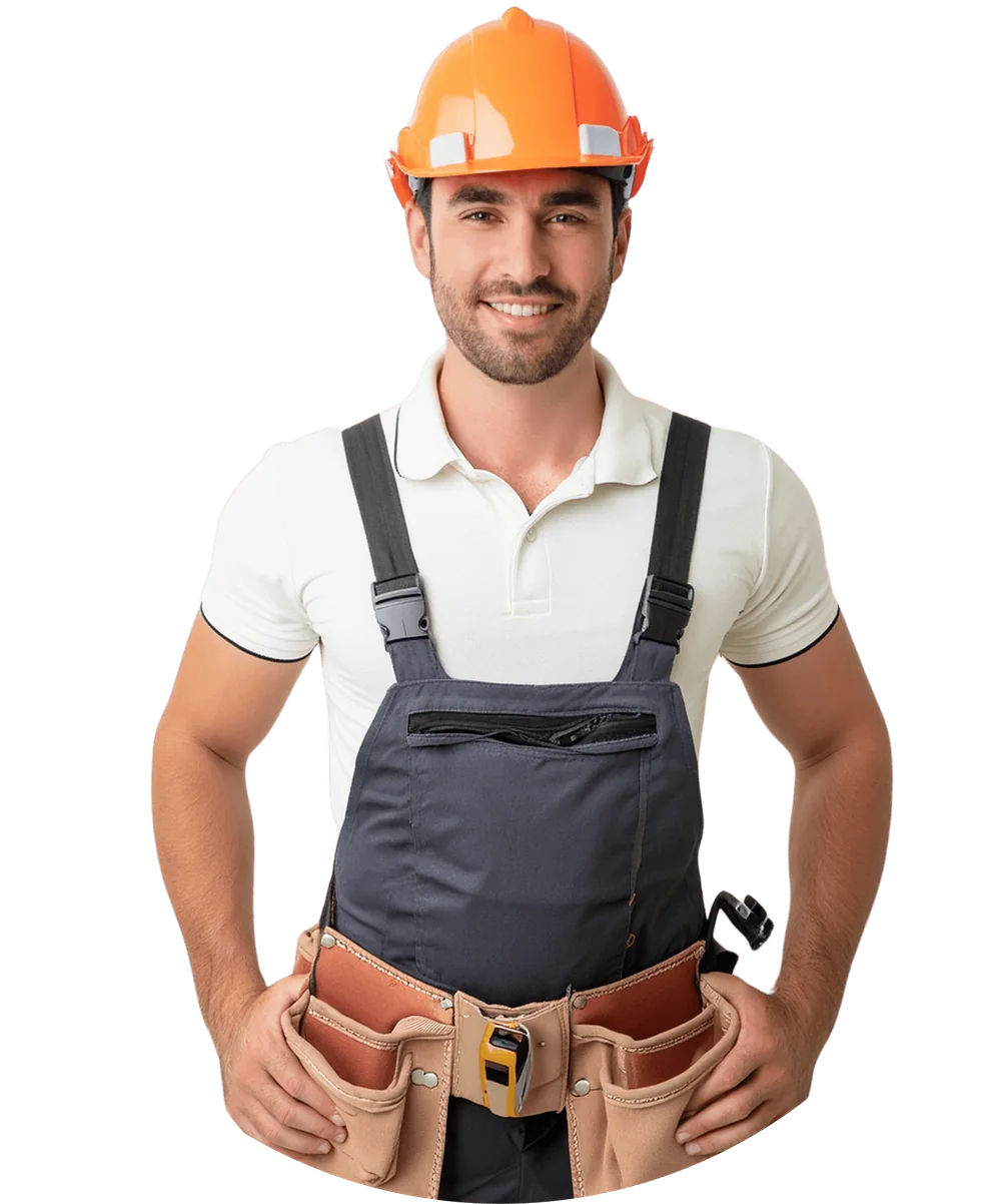 A smiling electrician in an orange hard hat and work overalls with a tool belt