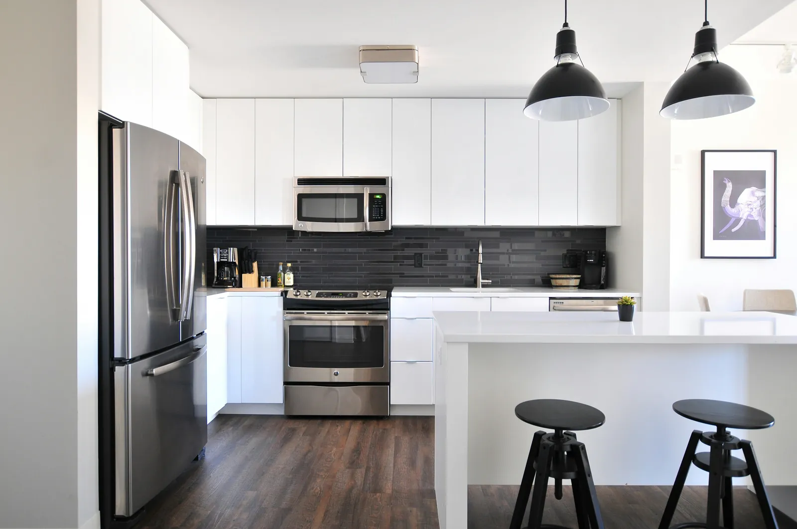 A bright modern kitchen with pendant lights over the island