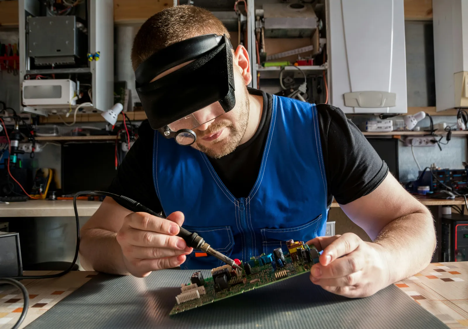 An electrician soldering a circuit board in a workshop