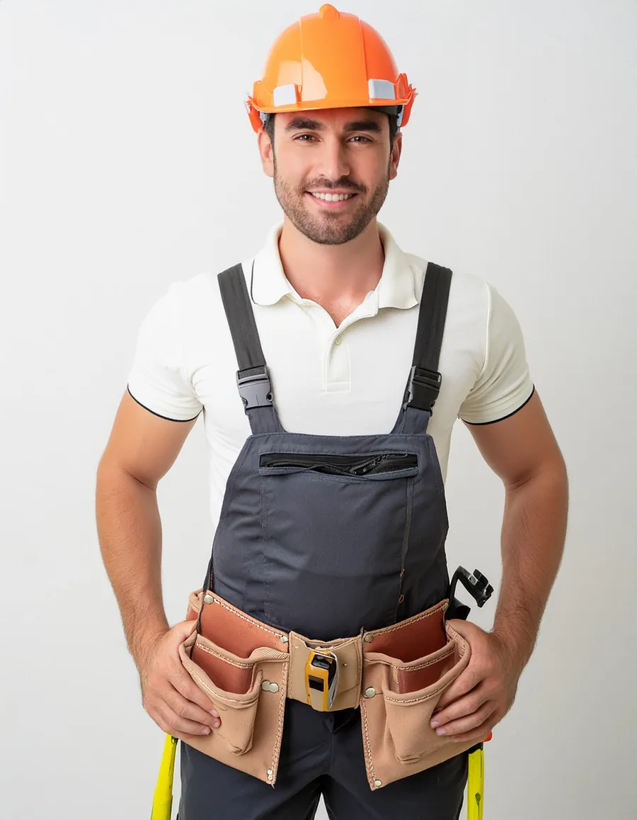 Matthew Davis, lead electrician, in an orange hard hat