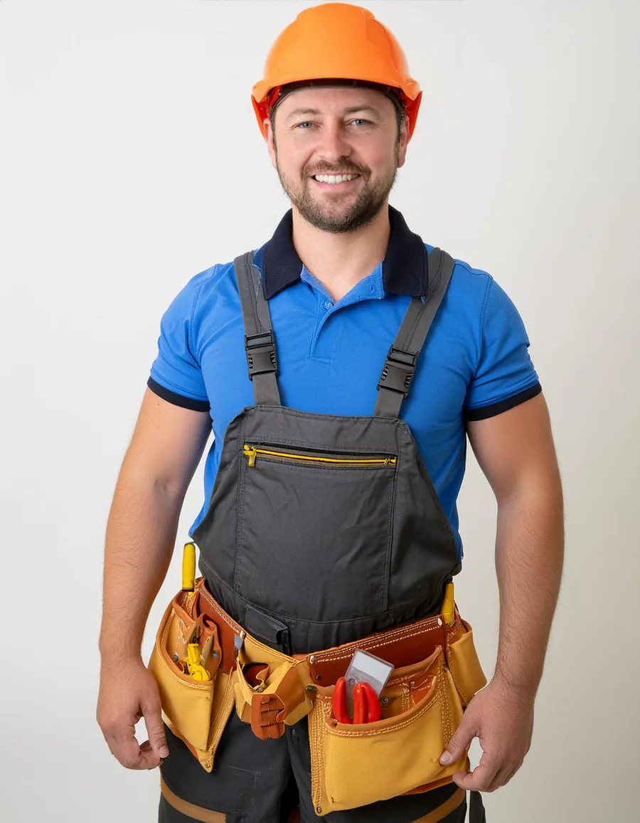 Tyler Johnson, apprentice electrician, in a blue shirt and orange hard hat
