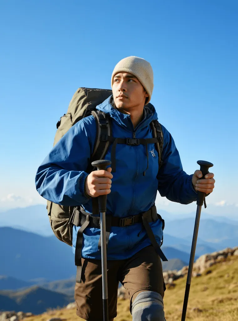 A hiker with poles in the mountains