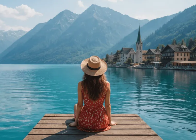 A woman sitting on a jetty over a lake