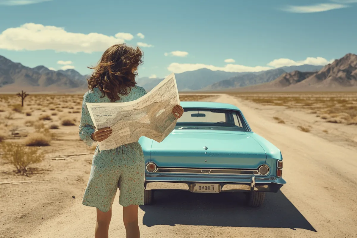 A woman reading a map beside a turquoise car