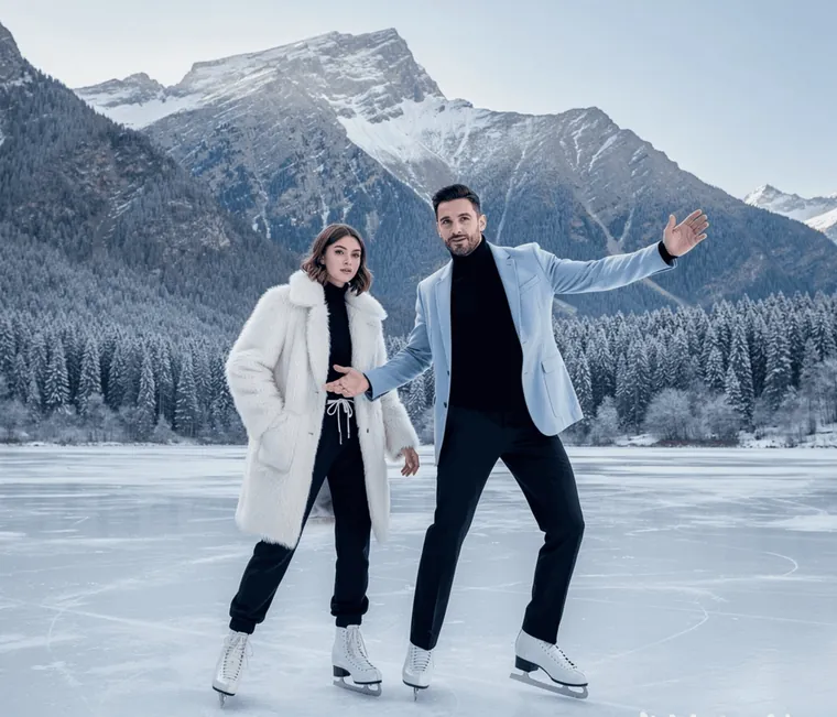 Two people skating on a frozen lake