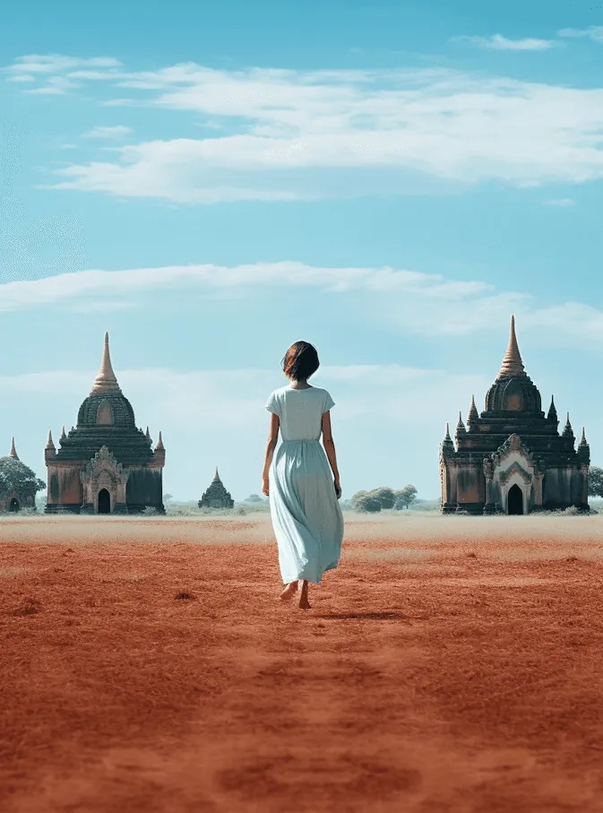 A woman walking between temples on red earth