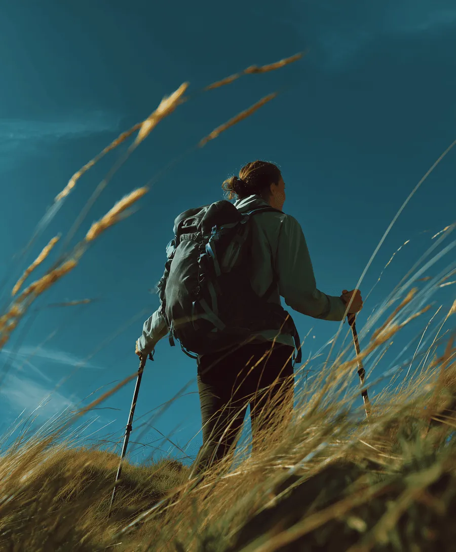 A hiker with poles walking through tall grass