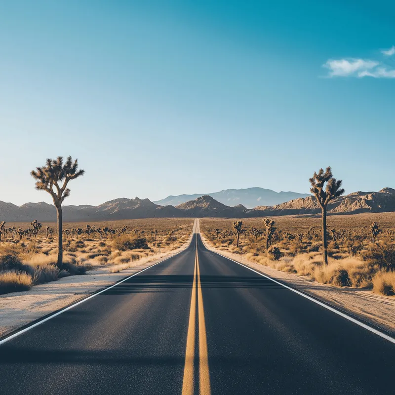A desert road running straight towards the mountains