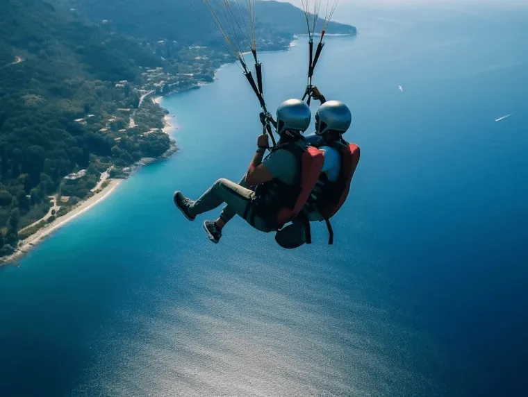 A skydiver in free fall over turquoise water