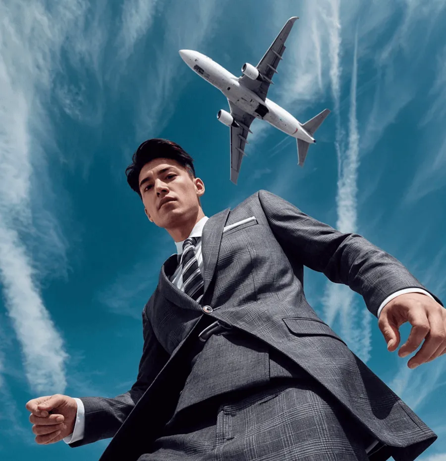 A man in a suit leaning into the wind against a blue sky