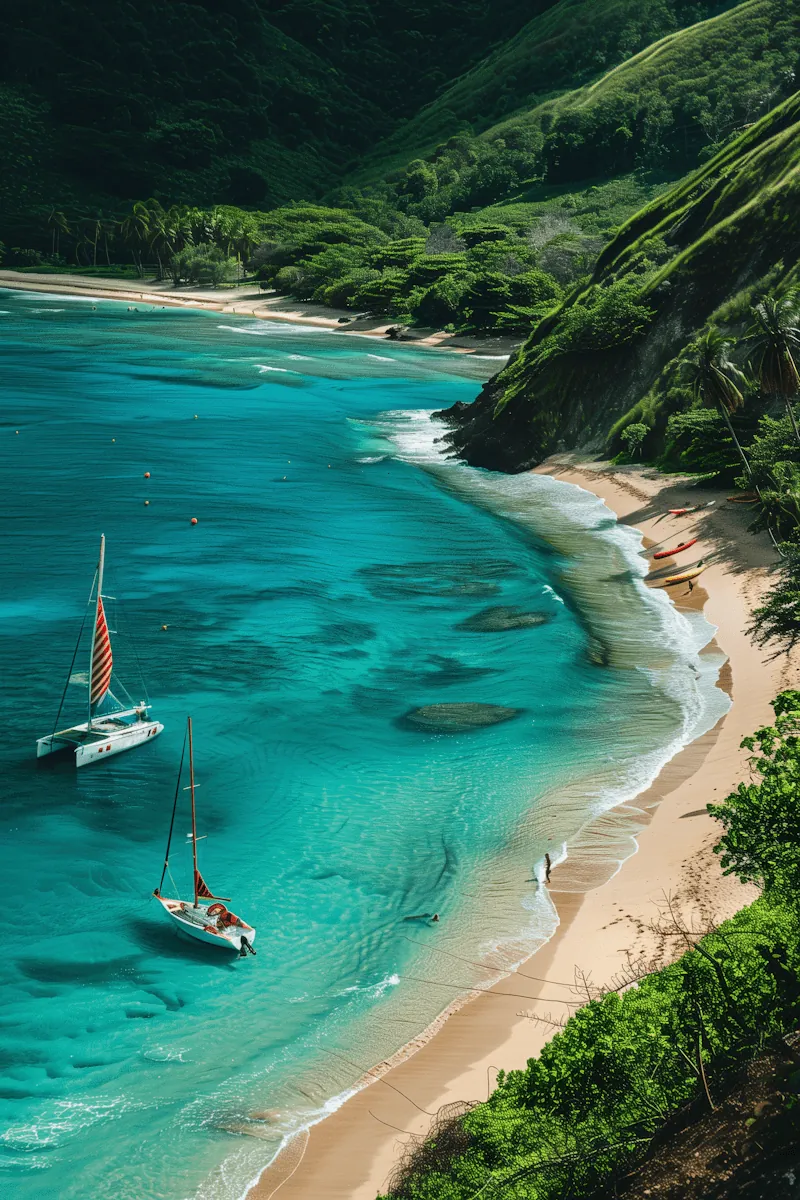A catamaran off a beach seen from above
