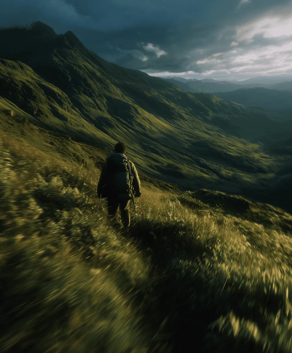 A hiker walking up a green mountain slope