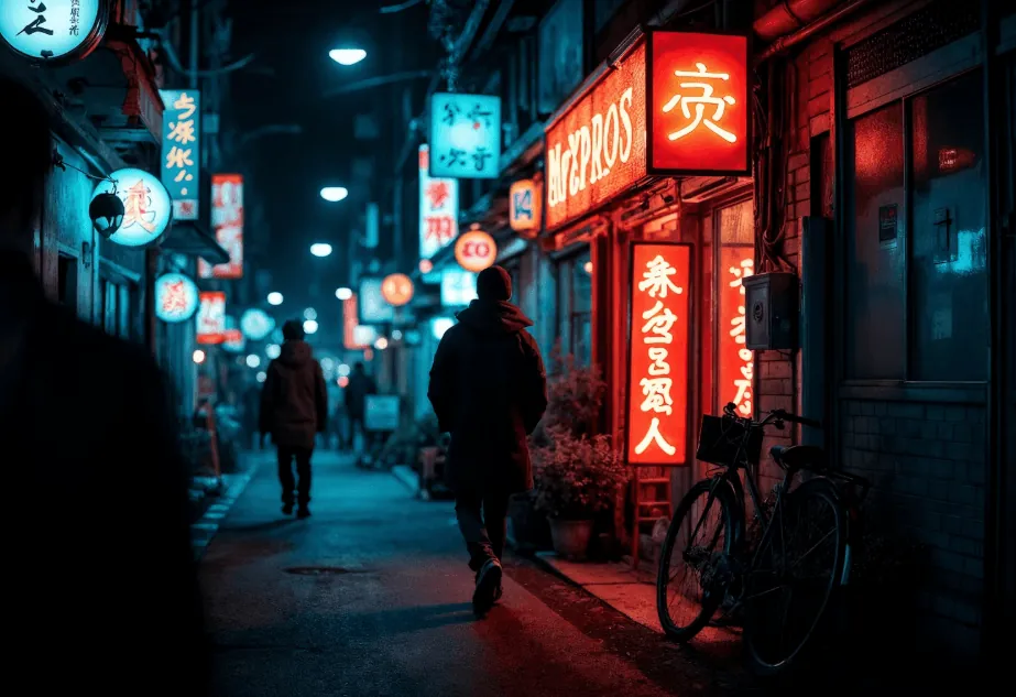 A neon-lit city street at night