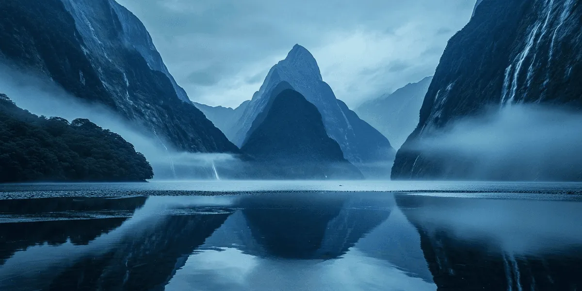 Steep mountains mirrored in a still fjord