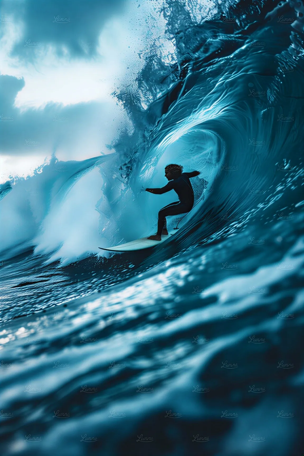 A surfer riding inside a breaking wave