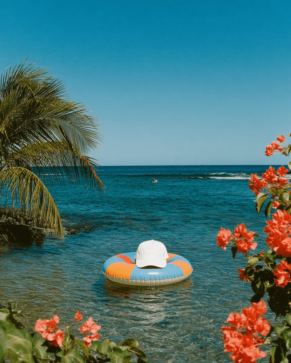 A sun hat on a swim ring in turquoise water beside red flowers