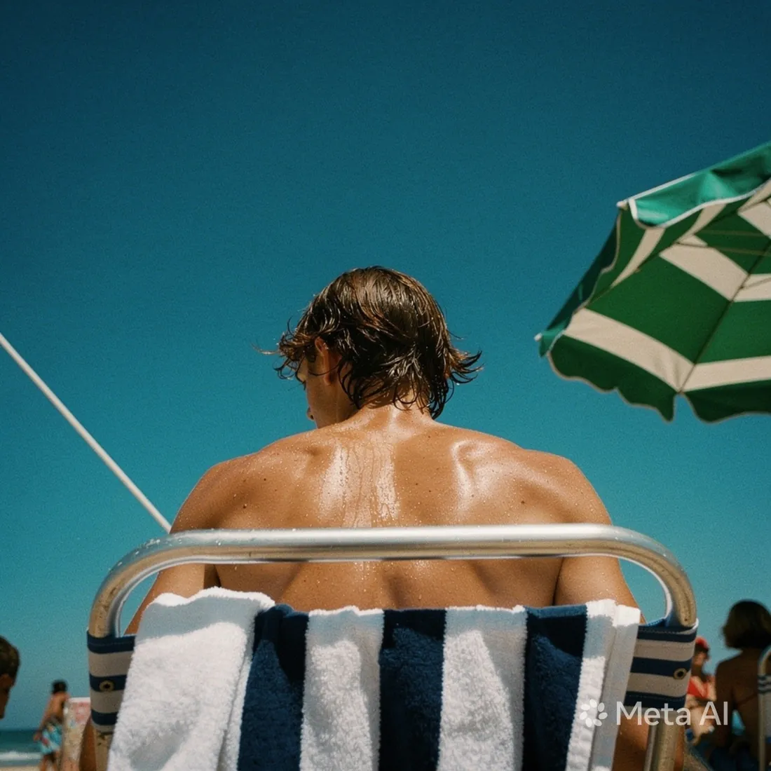 A man resting on a striped deckchair by the sea