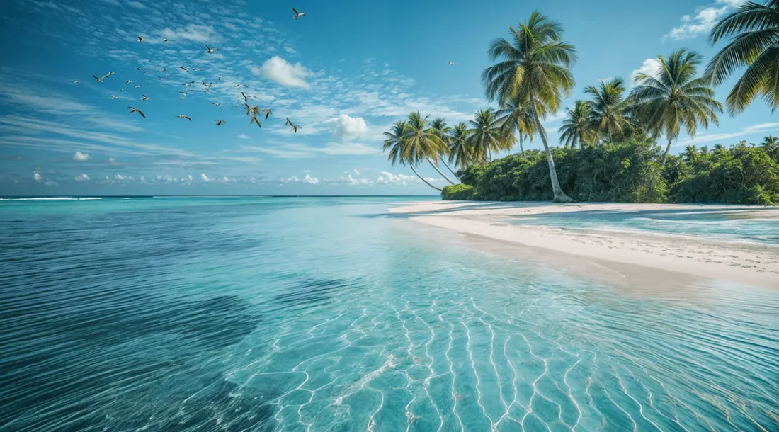 A white beach with palm trees and clear shallow water