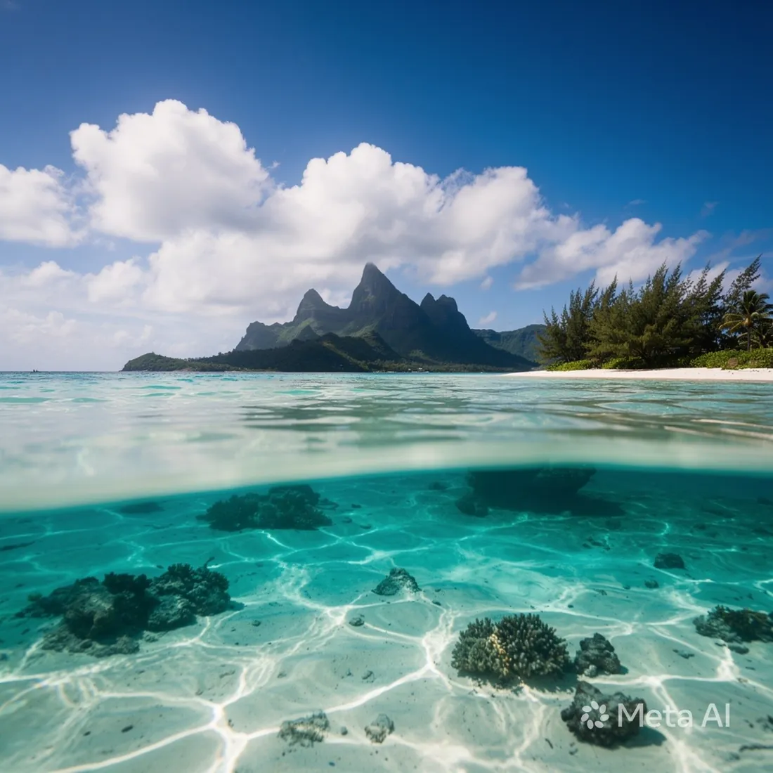 A rocky island over clear water and coral
