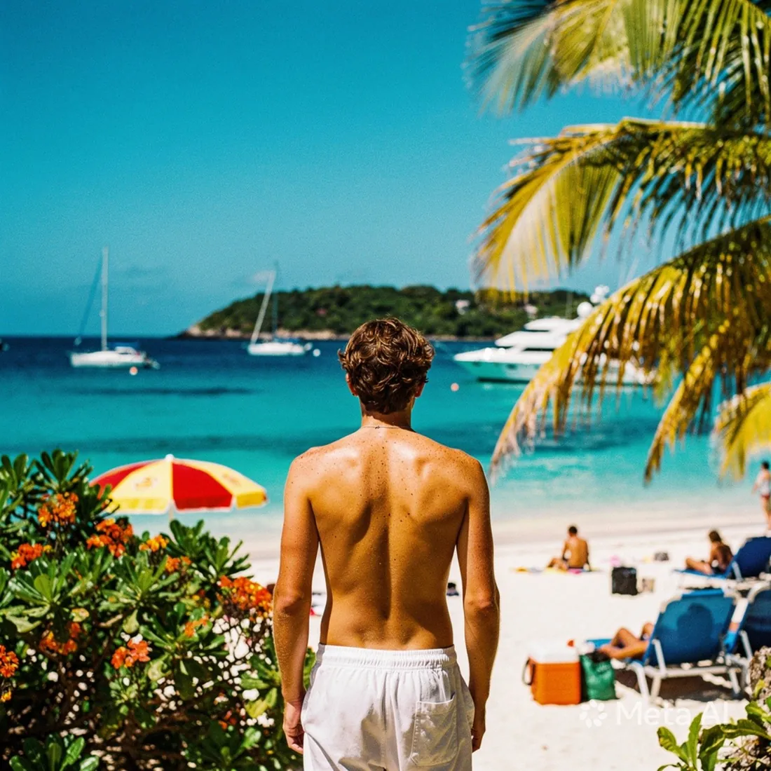 A man walking towards a busy beach between flowers