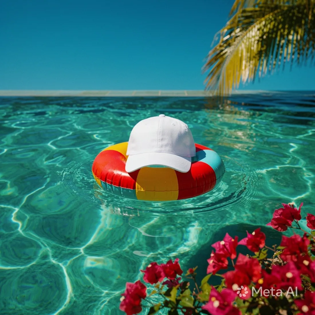 A sun hat floating on a ring in a turquoise pool