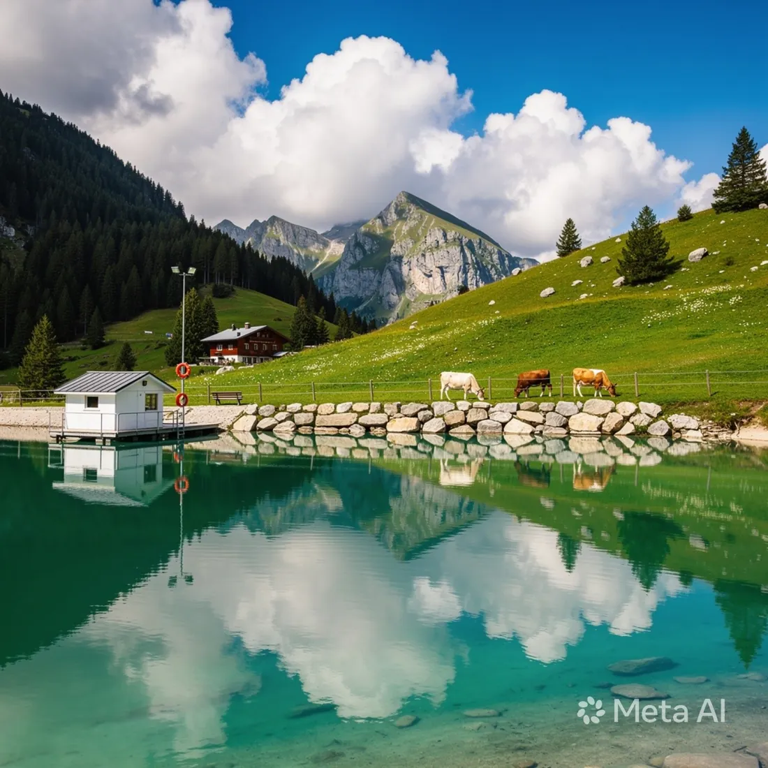 A green alpine valley mirrored in a lake