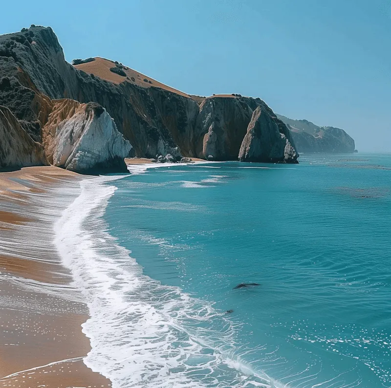 Waves rolling onto a beach below white cliffs