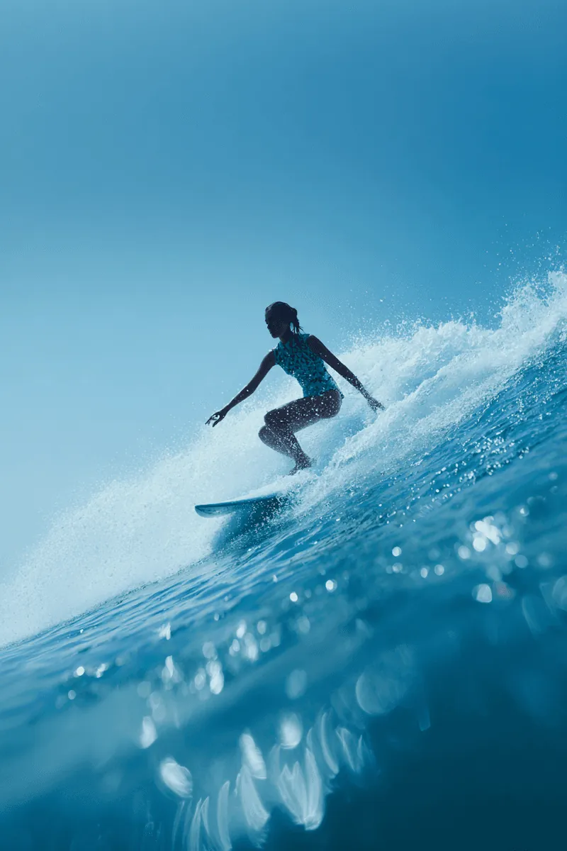 A surfer riding a blue wave