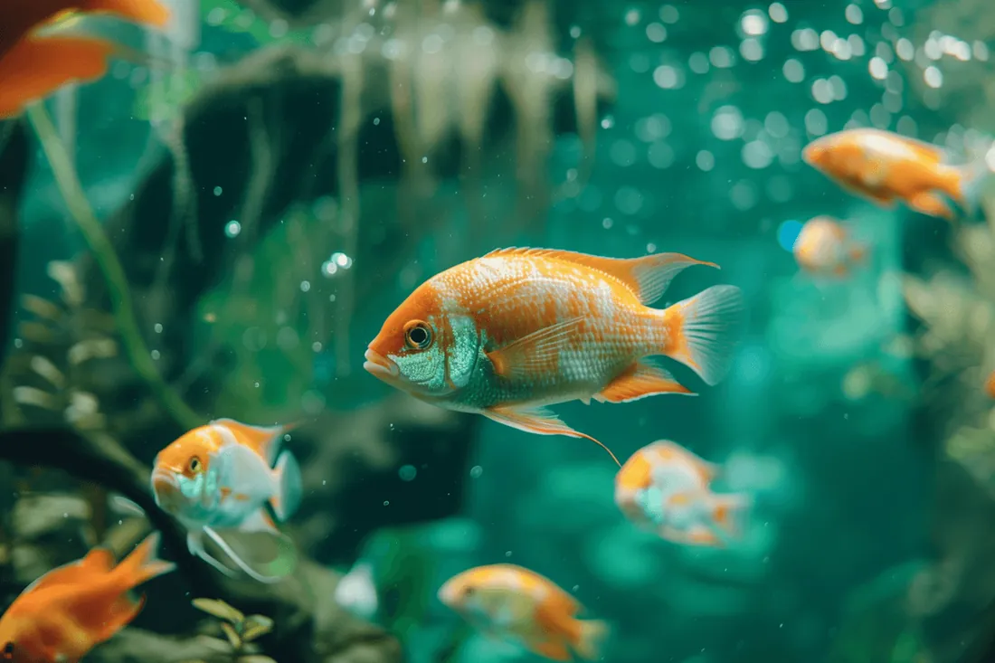 Orange fish swimming between sea plants