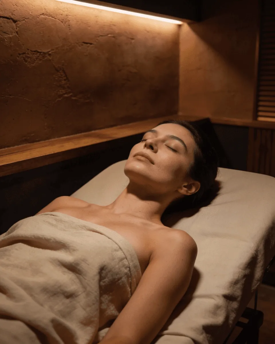 A woman resting on a spa bed