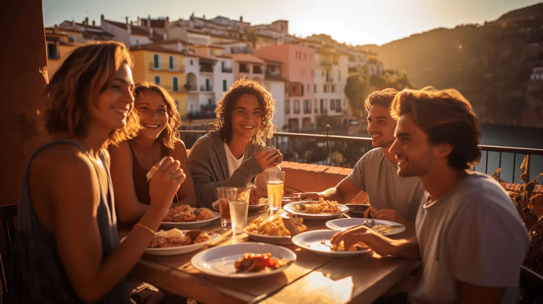Friends sharing dinner on a terrace