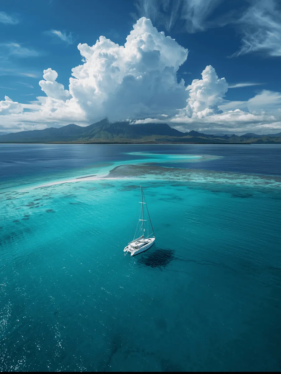 A sailing yacht on a turquoise lagoon