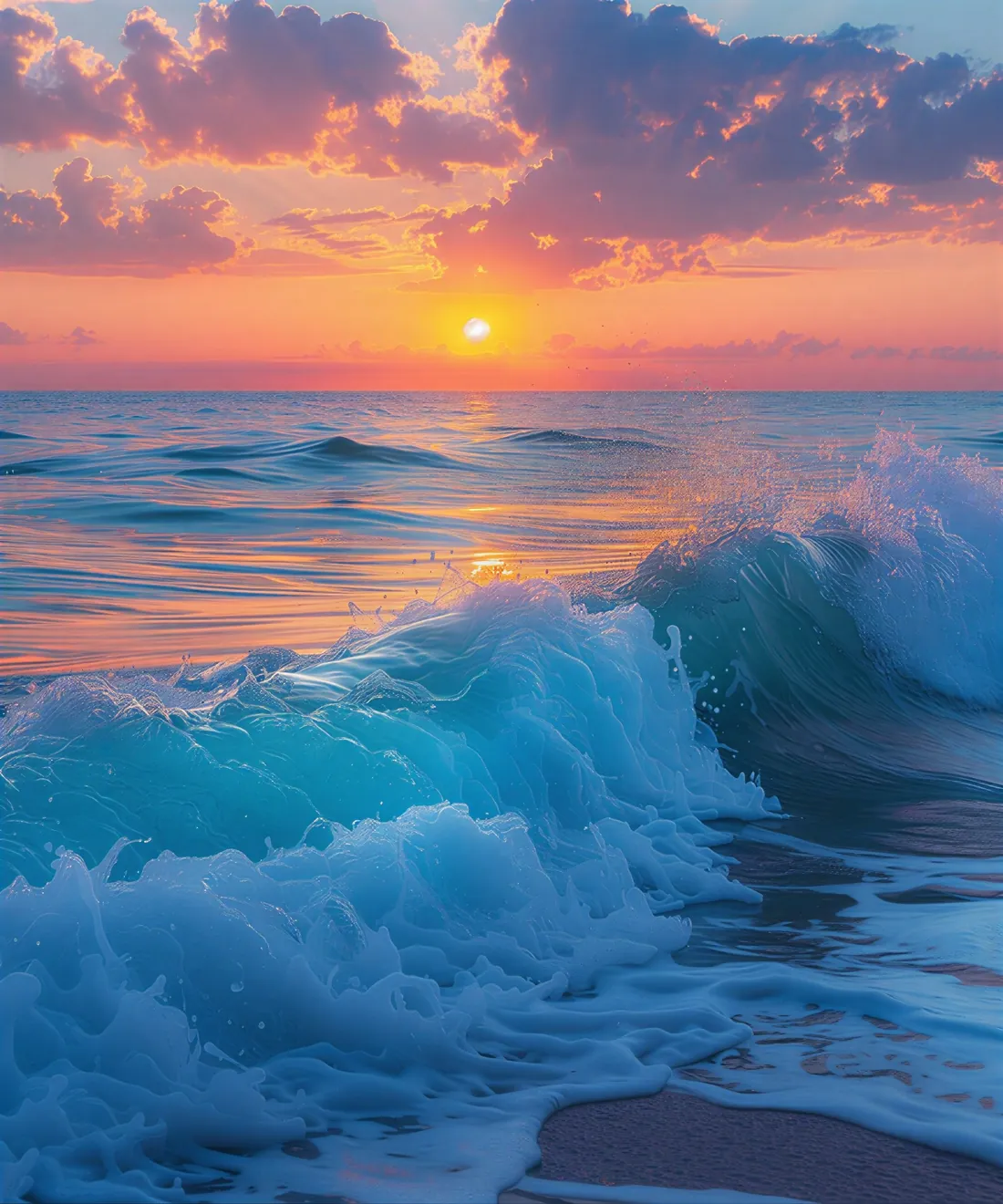 A wave breaking under a sunset sky