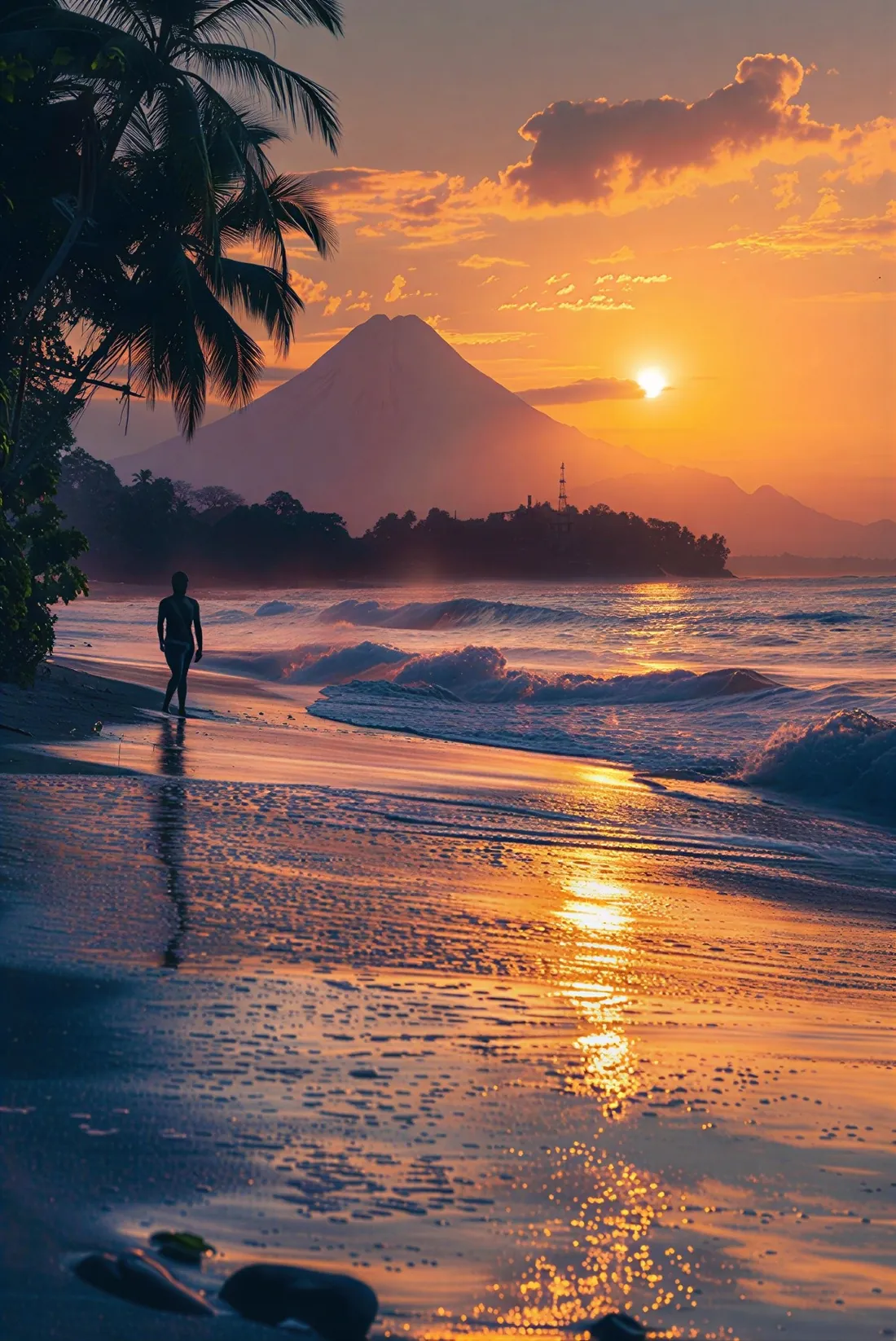 A person walking on a beach at sunset below a volcano