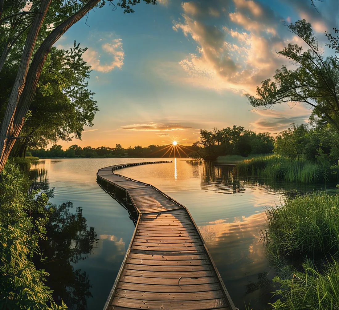 A wooden walkway over a lake at sunrise
