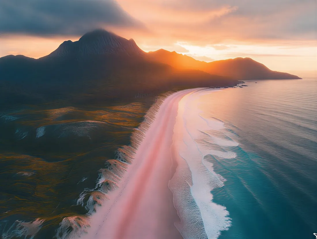 A pink sand beach curving along the sea