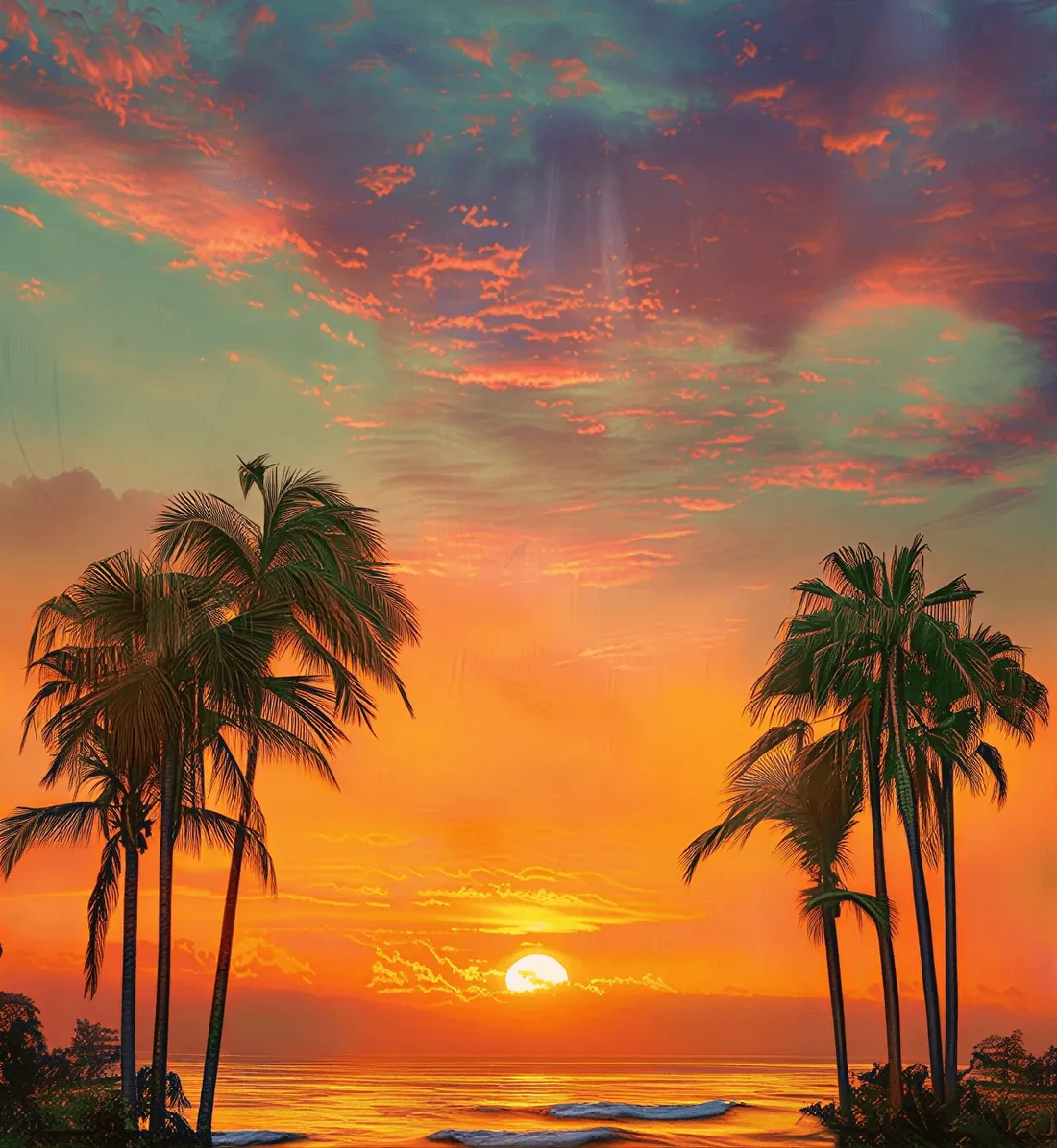Palm trees against an orange sunset