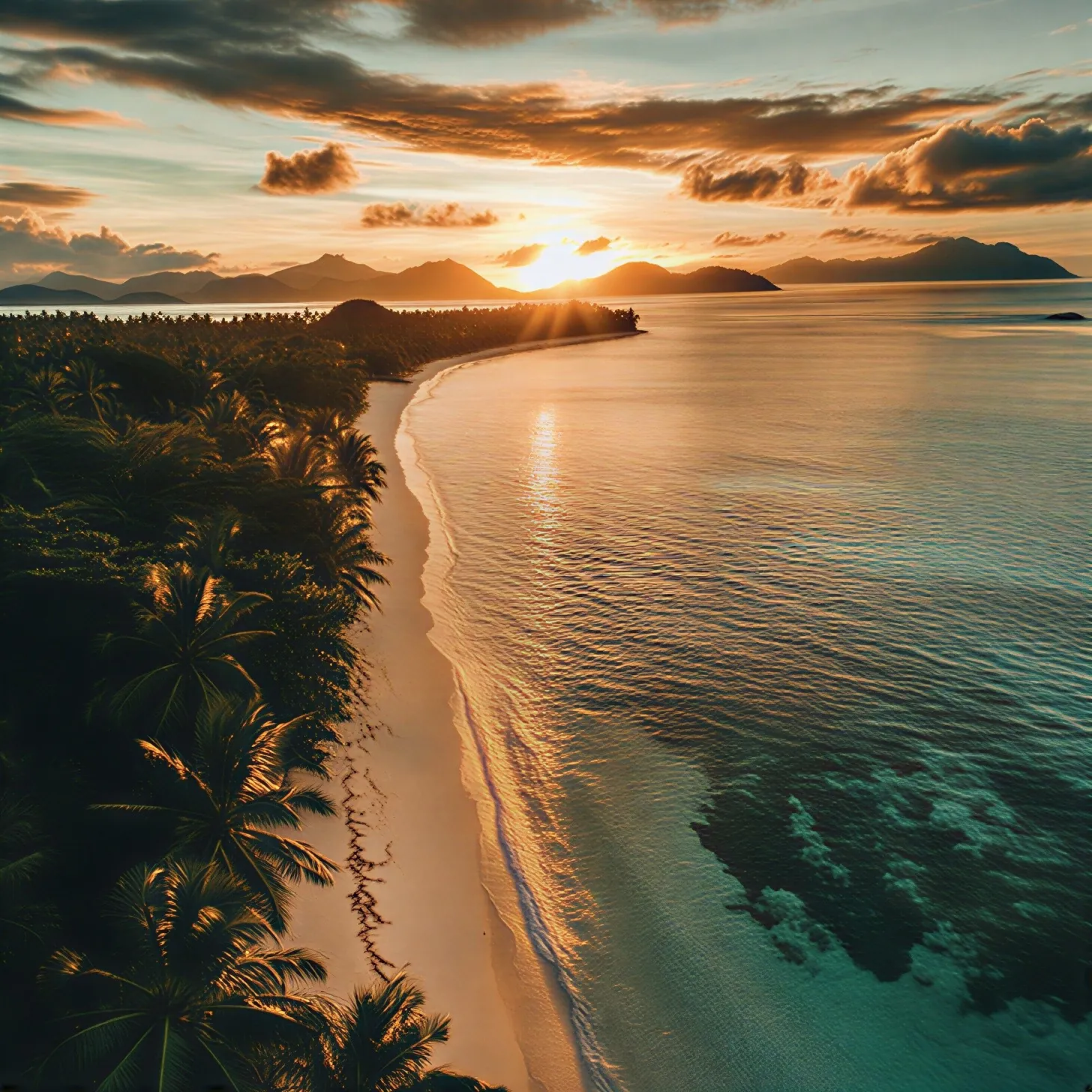 A palm-lined beach at golden hour